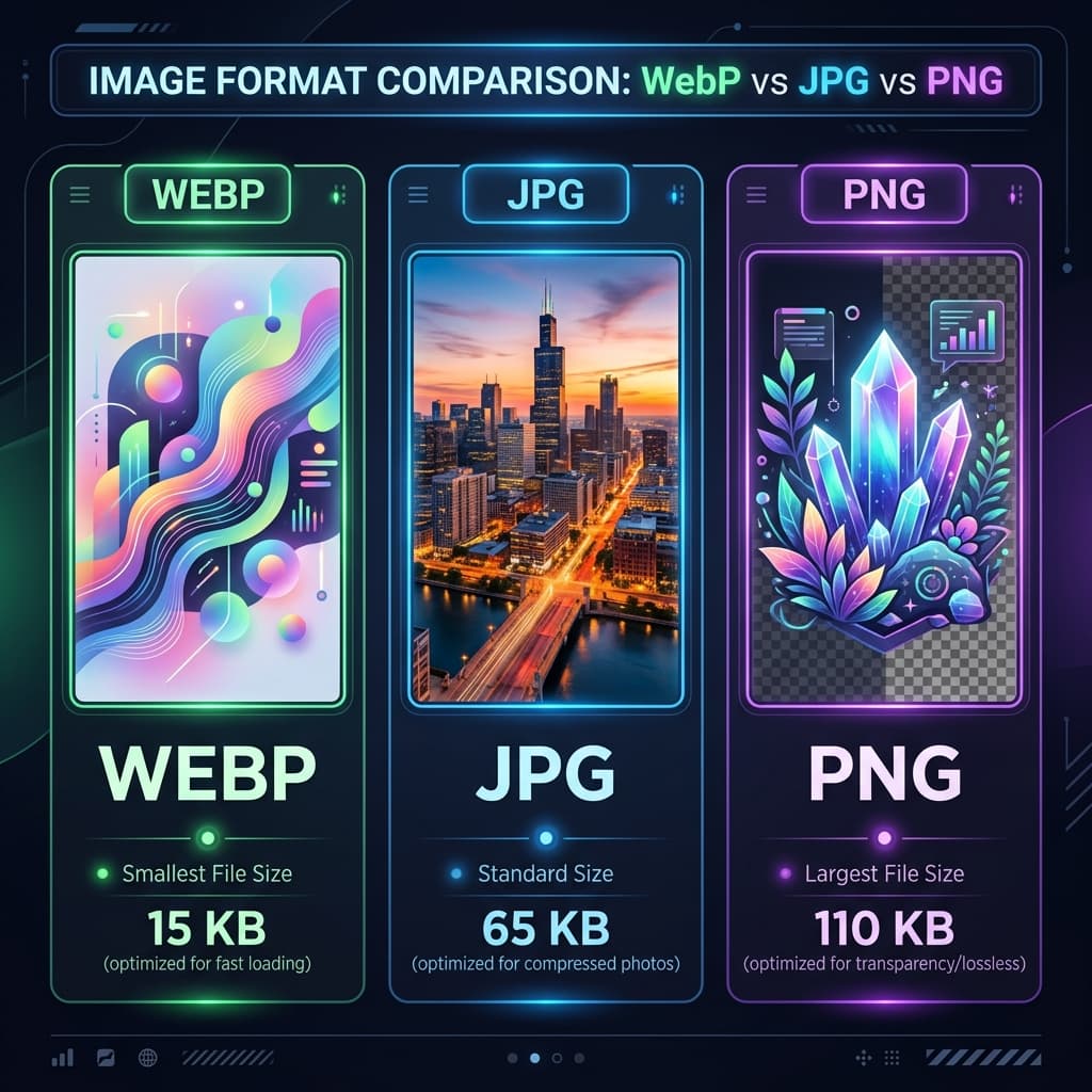 In-depth comparison of WebP, JPG, and PNG image formats illustrating quality and size differences